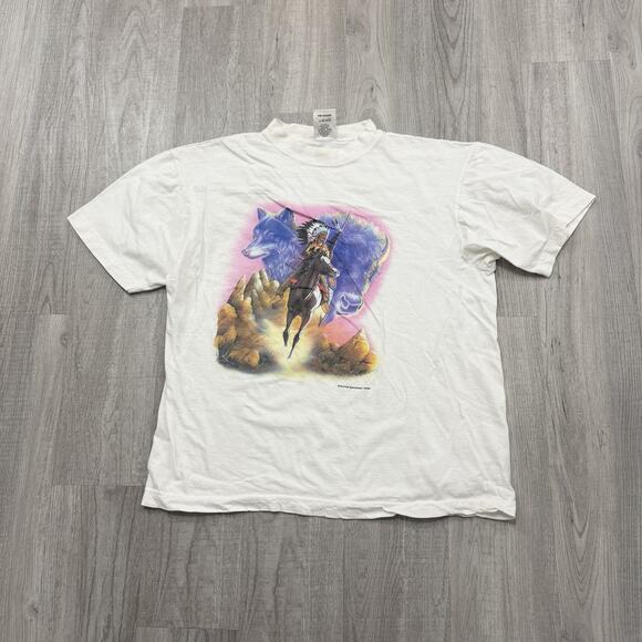 Vintage Sunrise Sportswear Shirt Mens Large Wolf Buffalo Native Art 90s Tee - Picture 1 of 11
